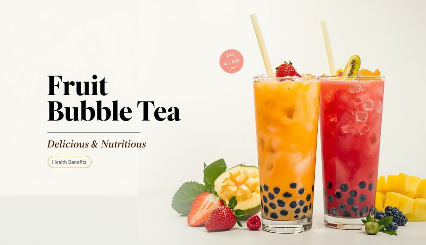 Two glasses of colorful fruit bubble tea with fresh strawberries and mango, featuring popping boba pearls - healthy beverage option